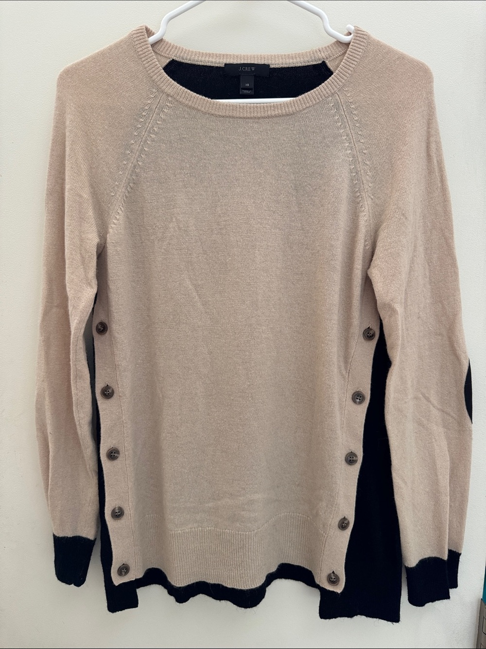 J. Crew Beige Crewneck Sweater with Black Side Panels and Buttons